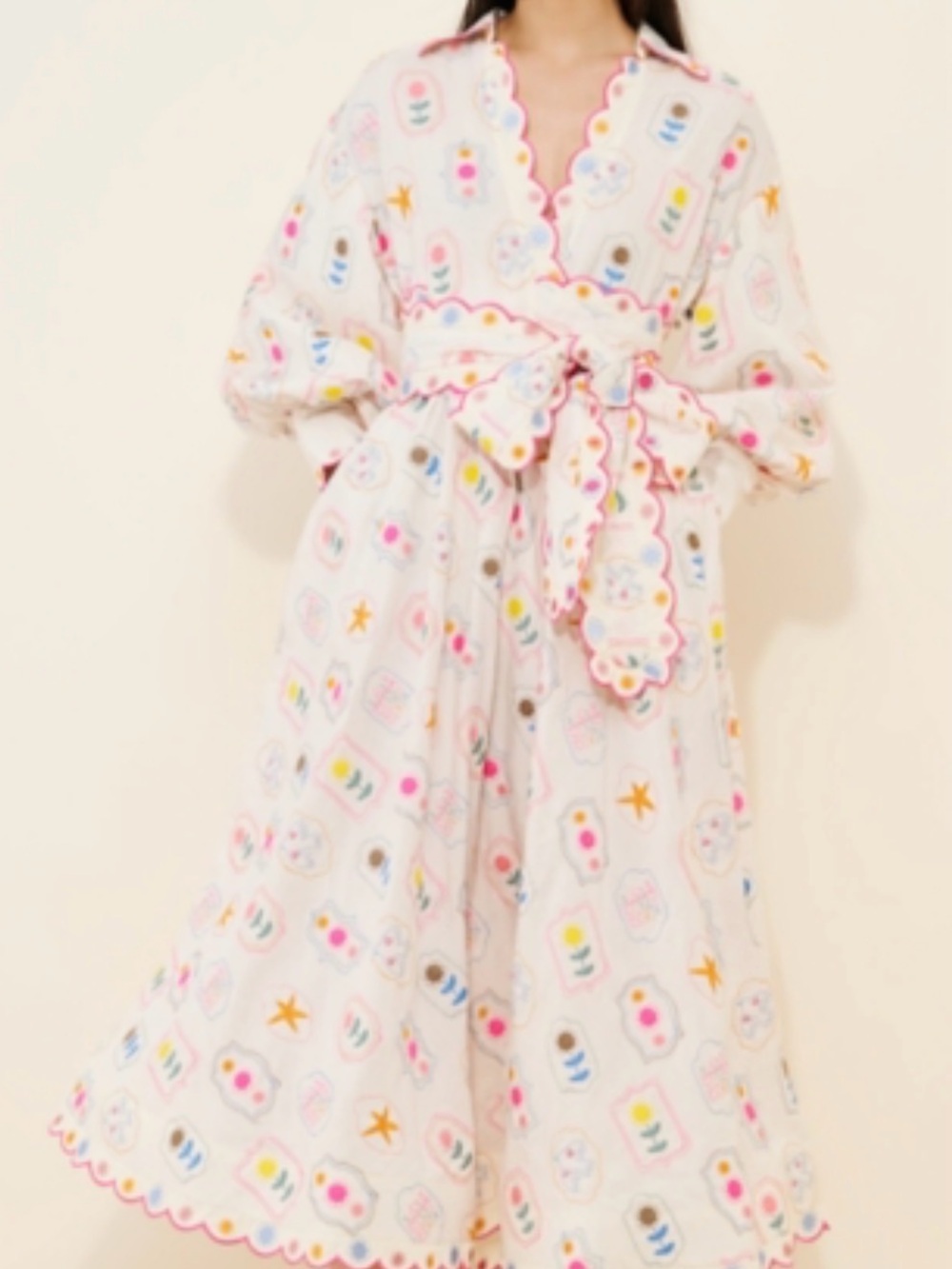 Scalloped Trim Pink Floral-Print Maxi Dress with Waist Tie